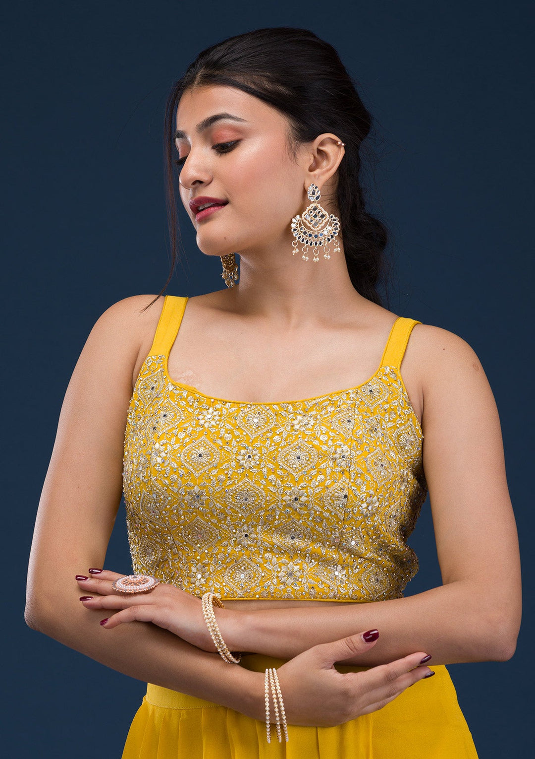 Yellow Threadwork Georgette Readymade Salwar Suit-Koskii