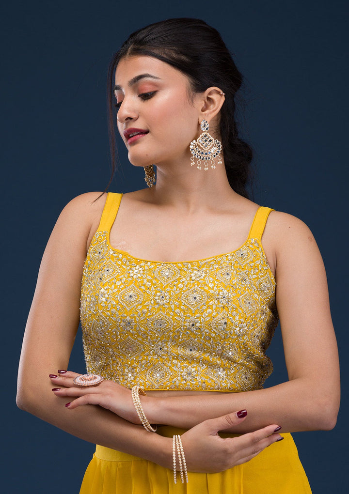 Yellow Threadwork Georgette Readymade Salwar Suit-Koskii