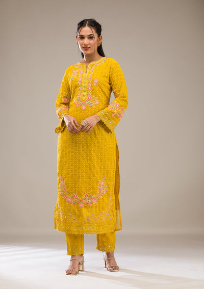 Yellow Threadwork Georgette Readymade Salwar Suit-Koskii