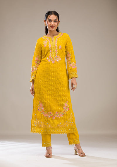 Yellow Threadwork Georgette Readymade Salwar Suit-Koskii