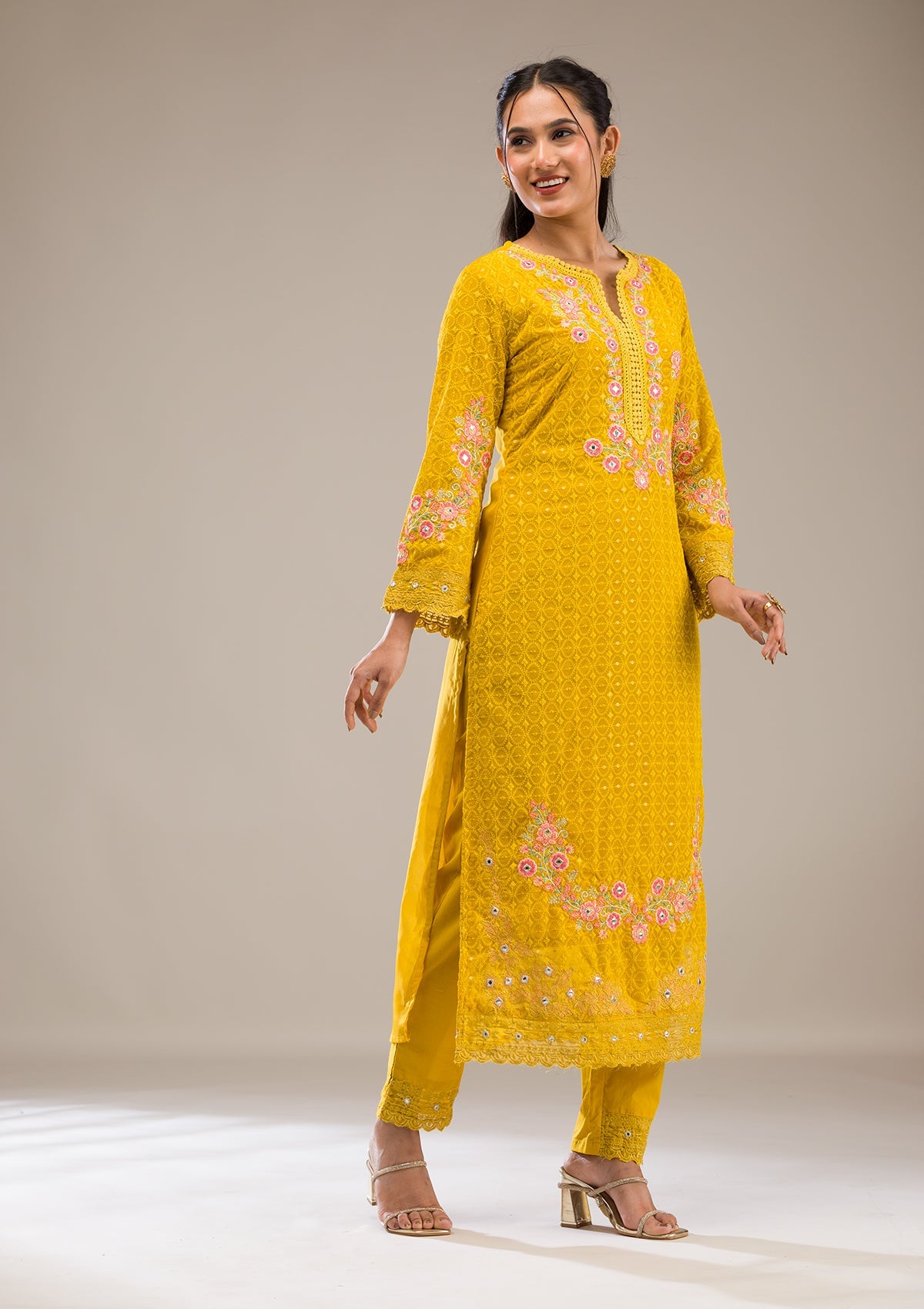 Yellow Threadwork Georgette Readymade Salwar Suit-Koskii