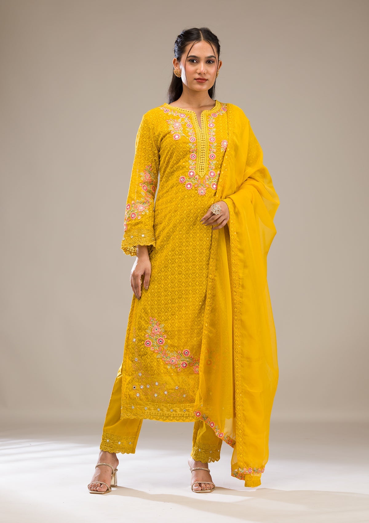 Yellow Threadwork Georgette Readymade Salwar Suit-Koskii