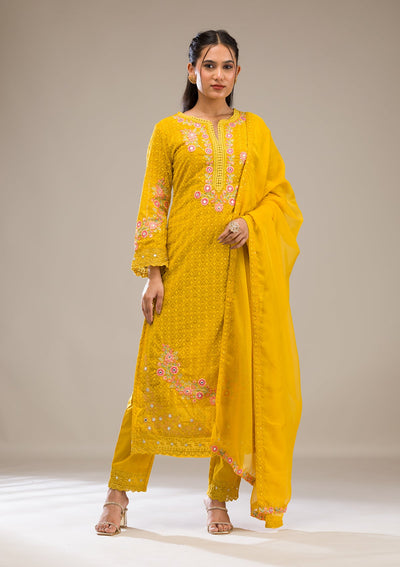 Yellow Threadwork Georgette Readymade Salwar Suit-Koskii