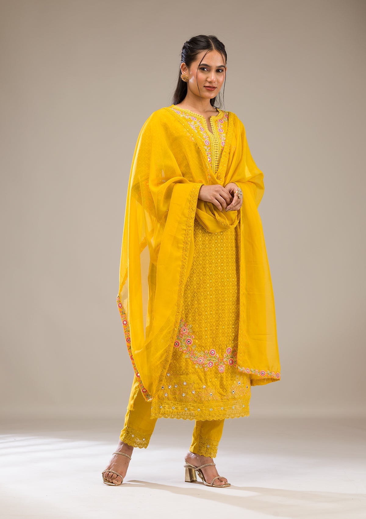 Yellow Threadwork Georgette Readymade Salwar Suit-Koskii