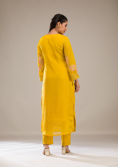 Yellow Threadwork Georgette Readymade Salwar Suit-Koskii