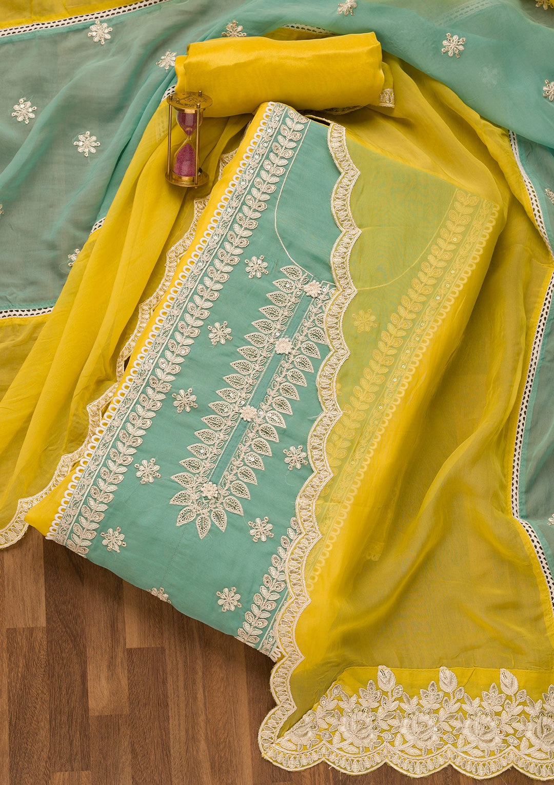 Yellow Threadwork Georgette Unstitched Salwar Suit-Koskii