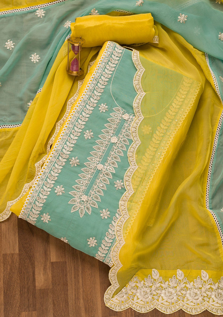 Yellow Threadwork Georgette Unstitched Salwar Suit-Koskii