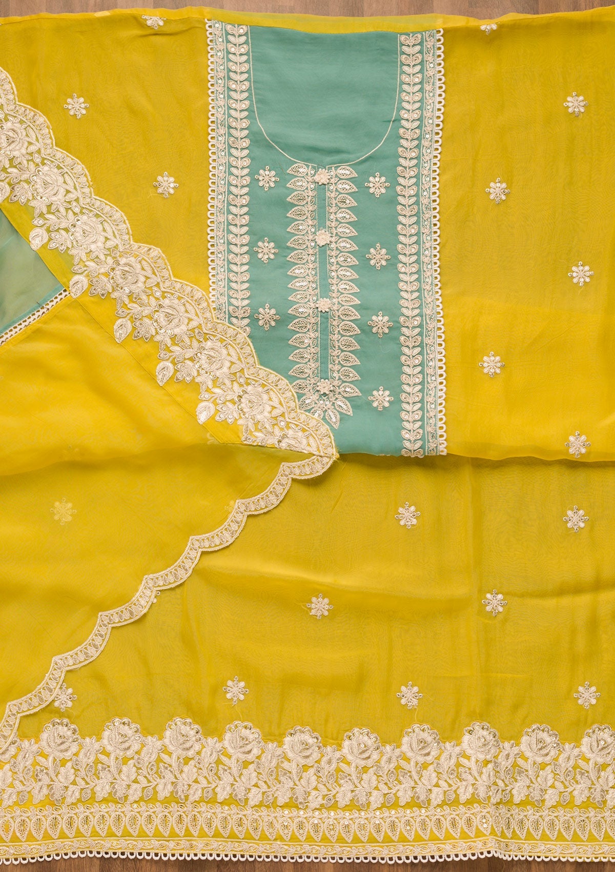 Yellow Threadwork Georgette Unstitched Salwar Suit-Koskii