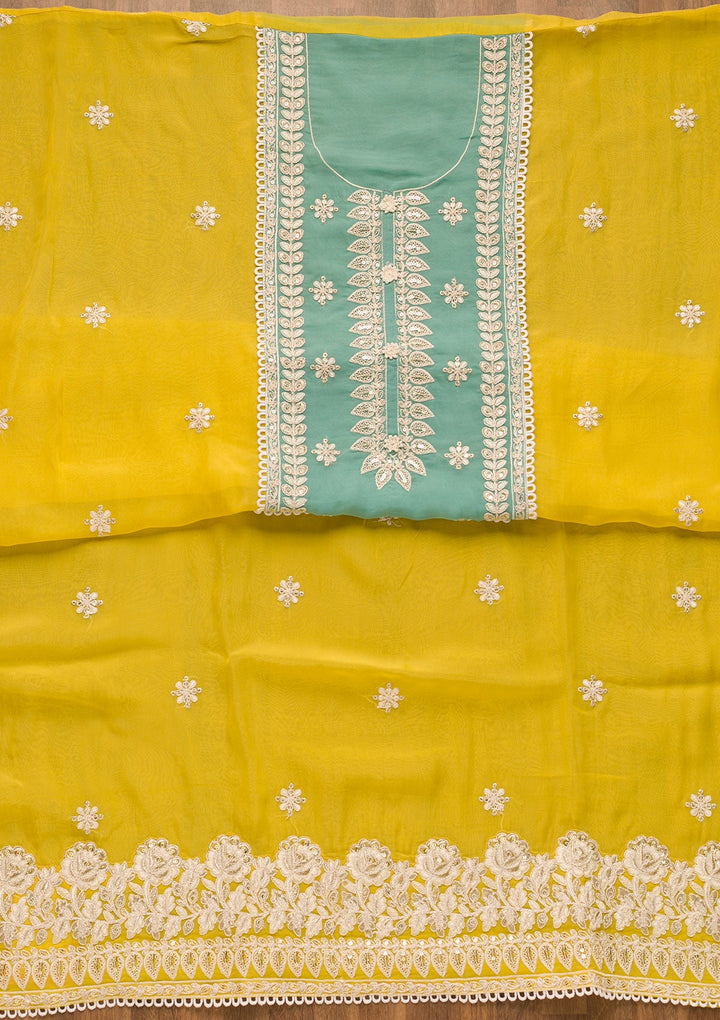 Yellow Threadwork Georgette Unstitched Salwar Suit-Koskii