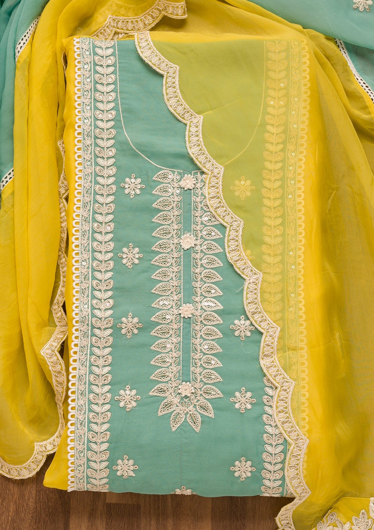 Yellow Threadwork Georgette Unstitched Salwar Suit-Koskii