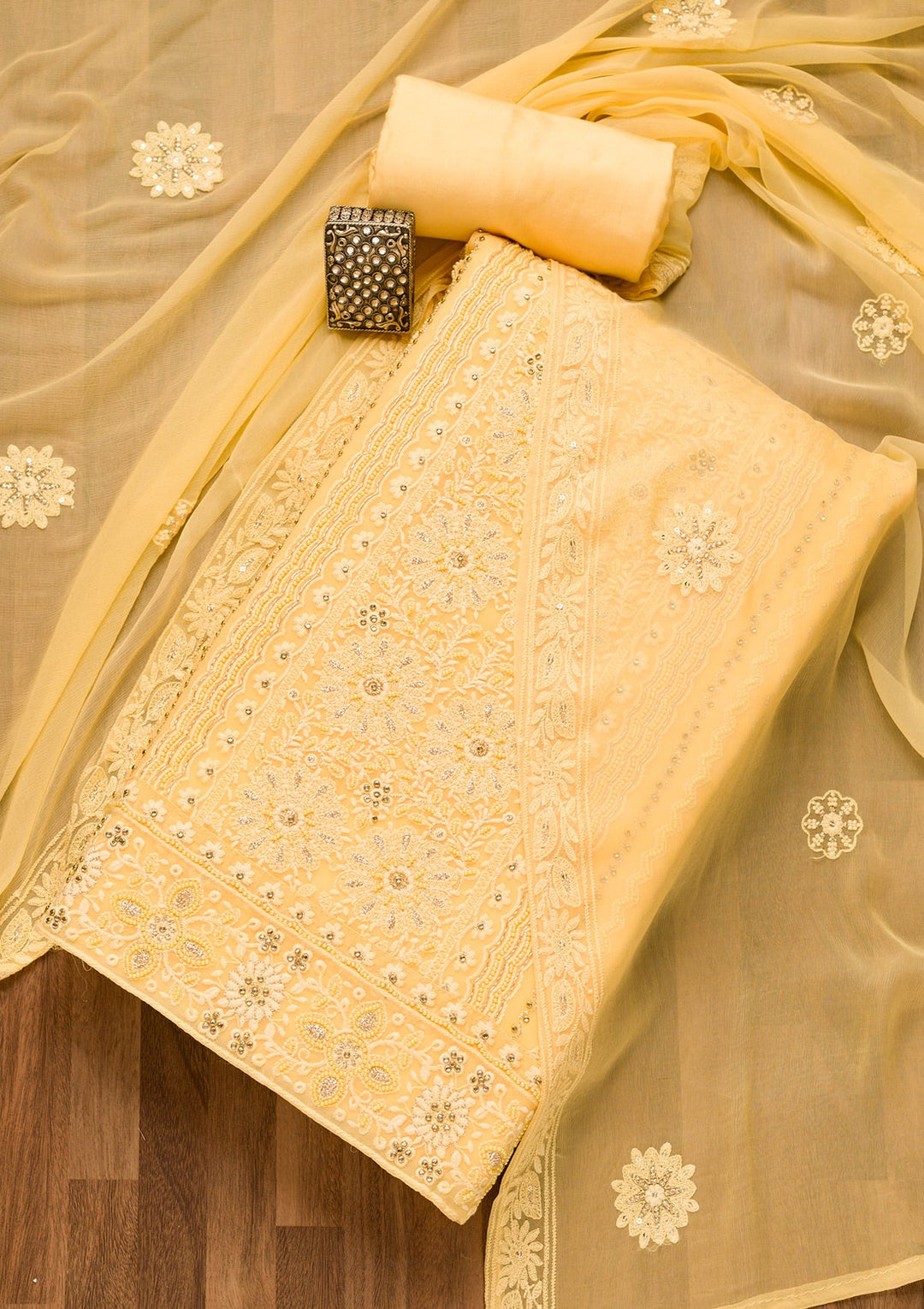 Yellow Threadwork Georgette Unstitched Salwar Suit-Koskii