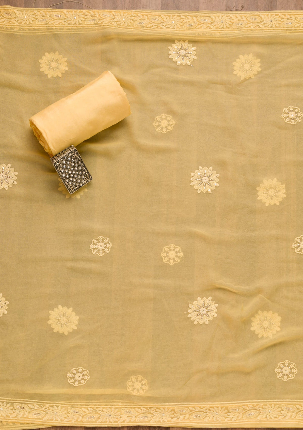 Yellow Threadwork Georgette Unstitched Salwar Suit-Koskii