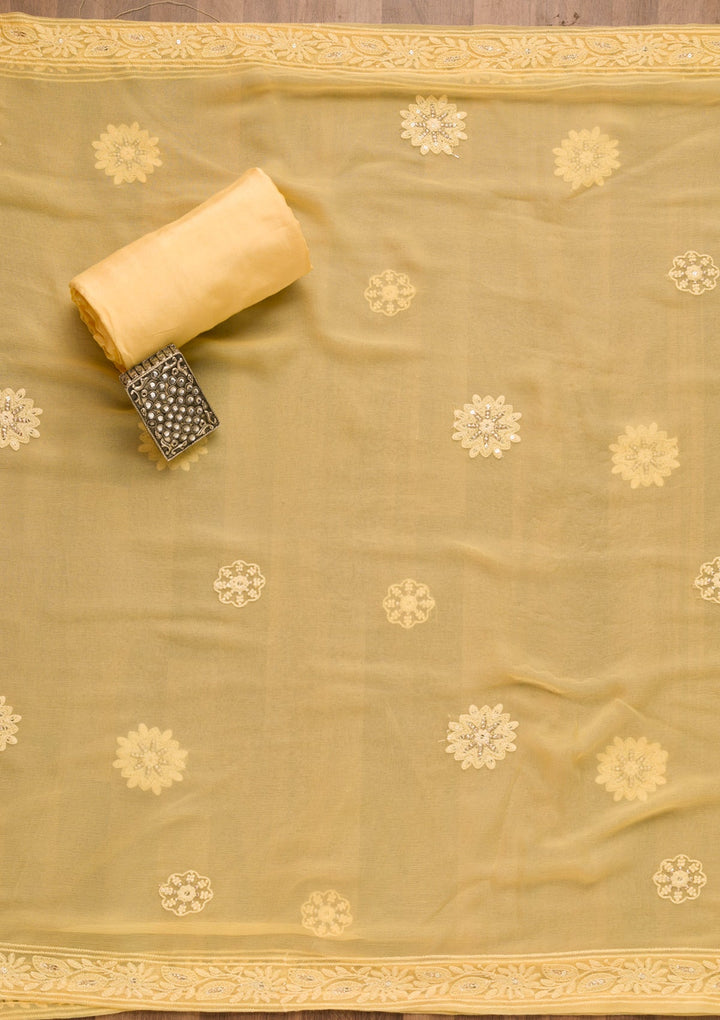 Yellow Threadwork Georgette Unstitched Salwar Suit-Koskii