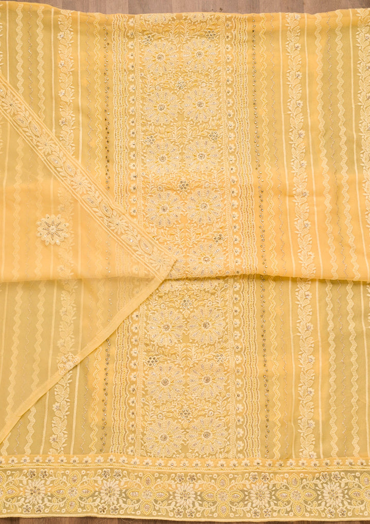 Yellow Threadwork Georgette Unstitched Salwar Suit-Koskii