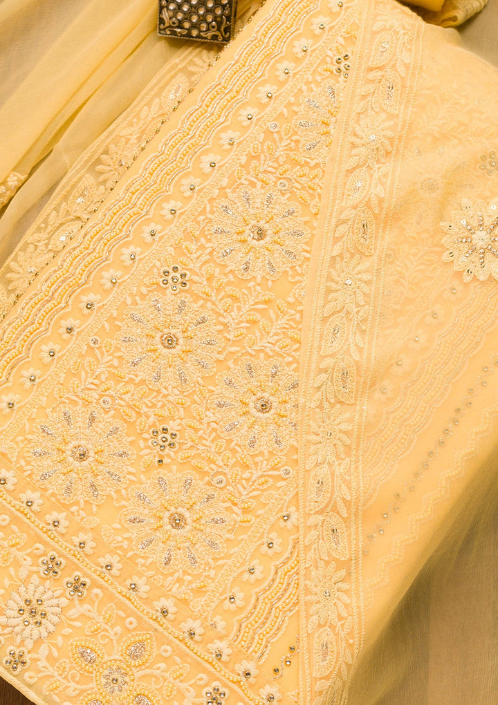 Yellow Threadwork Georgette Unstitched Salwar Suit-Koskii