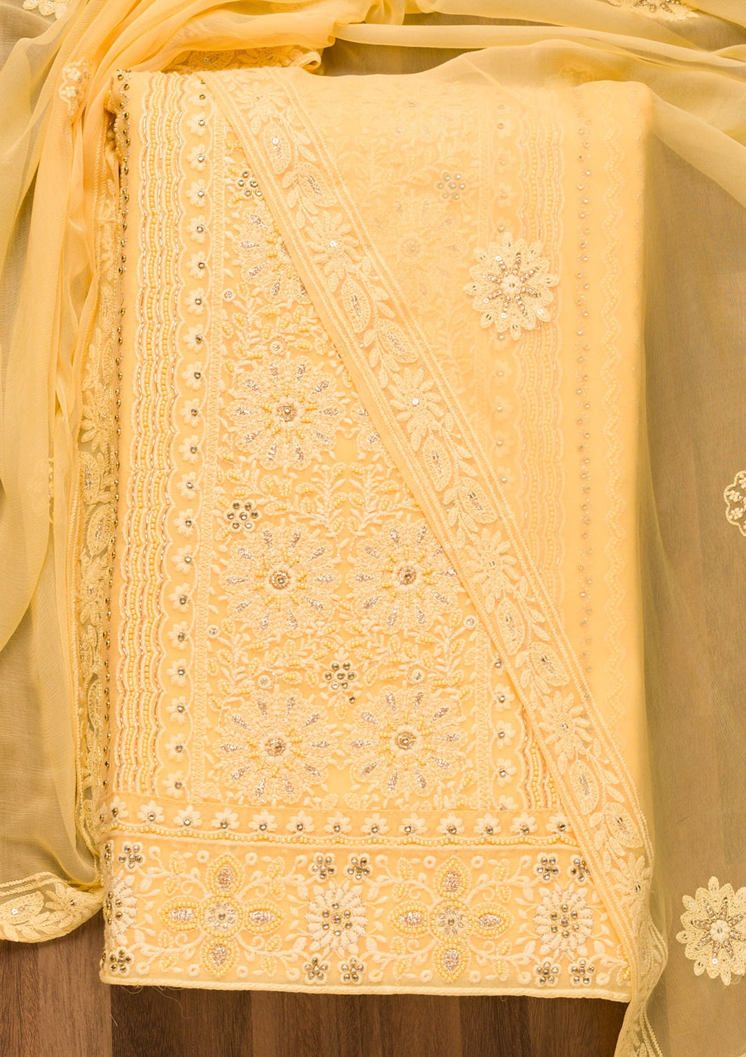 Yellow Threadwork Georgette Unstitched Salwar Suit-Koskii