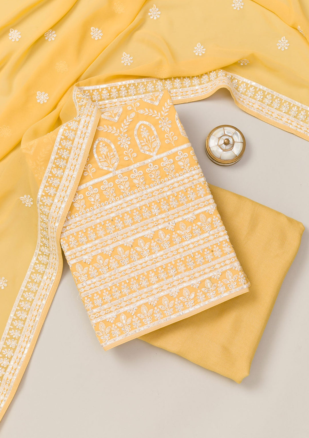 Yellow Threadwork Georgette Unstitched Salwar Suit-Koskii