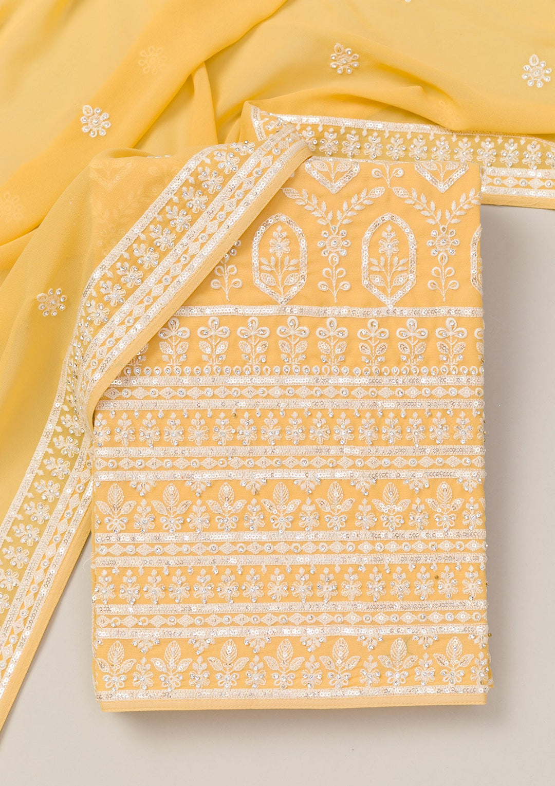 Yellow Threadwork Georgette Unstitched Salwar Suit-Koskii