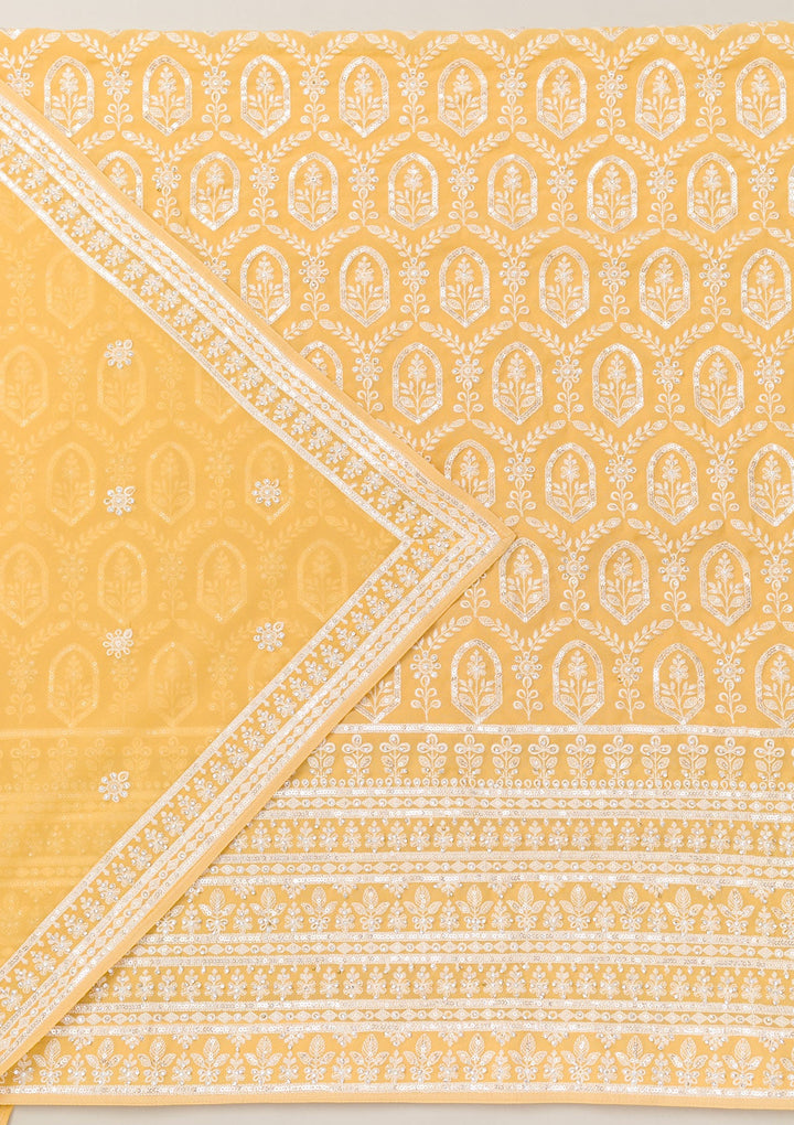 Yellow Threadwork Georgette Unstitched Salwar Suit-Koskii