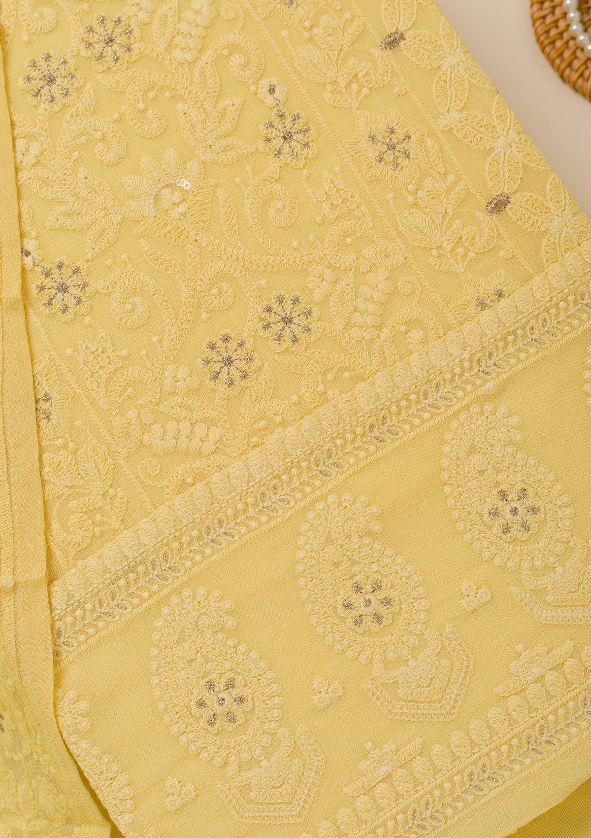 Yellow Threadwork Georgette Unstitched Salwar Suit-Koskii