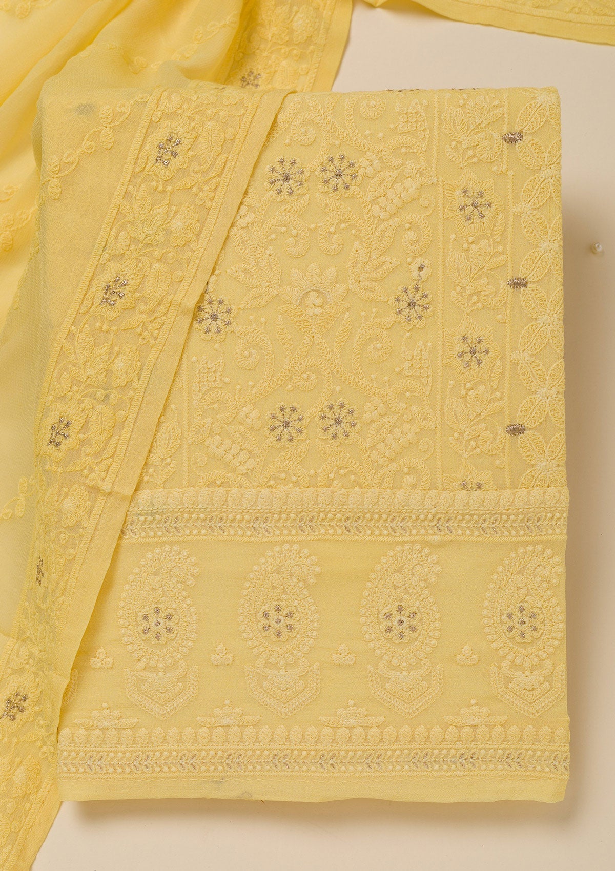 Yellow Threadwork Georgette Unstitched Salwar Suit-Koskii