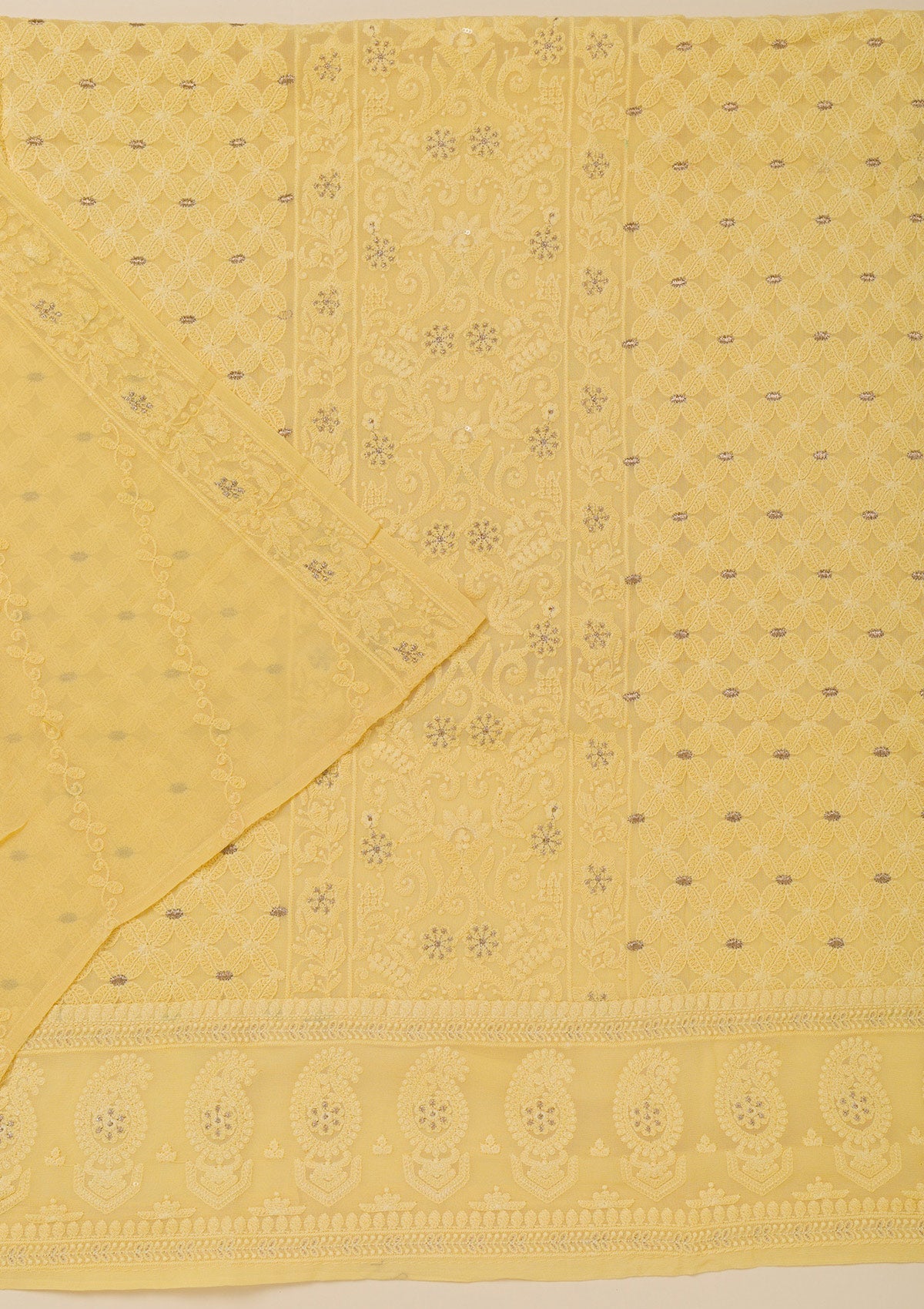 Yellow Threadwork Georgette Unstitched Salwar Suit-Koskii