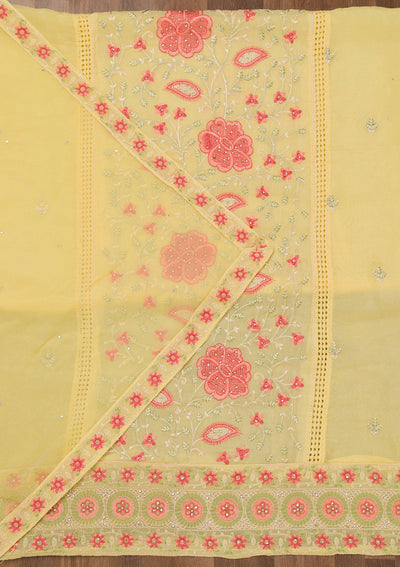 Yellow Threadwork Georgette Unstitched Salwar Suit-Koskii