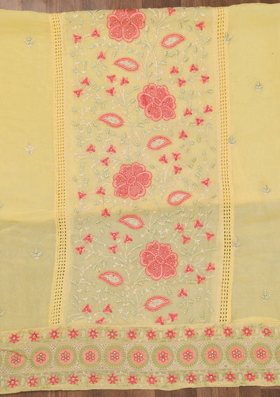 Yellow Threadwork Georgette Unstitched Salwar Suit-Koskii