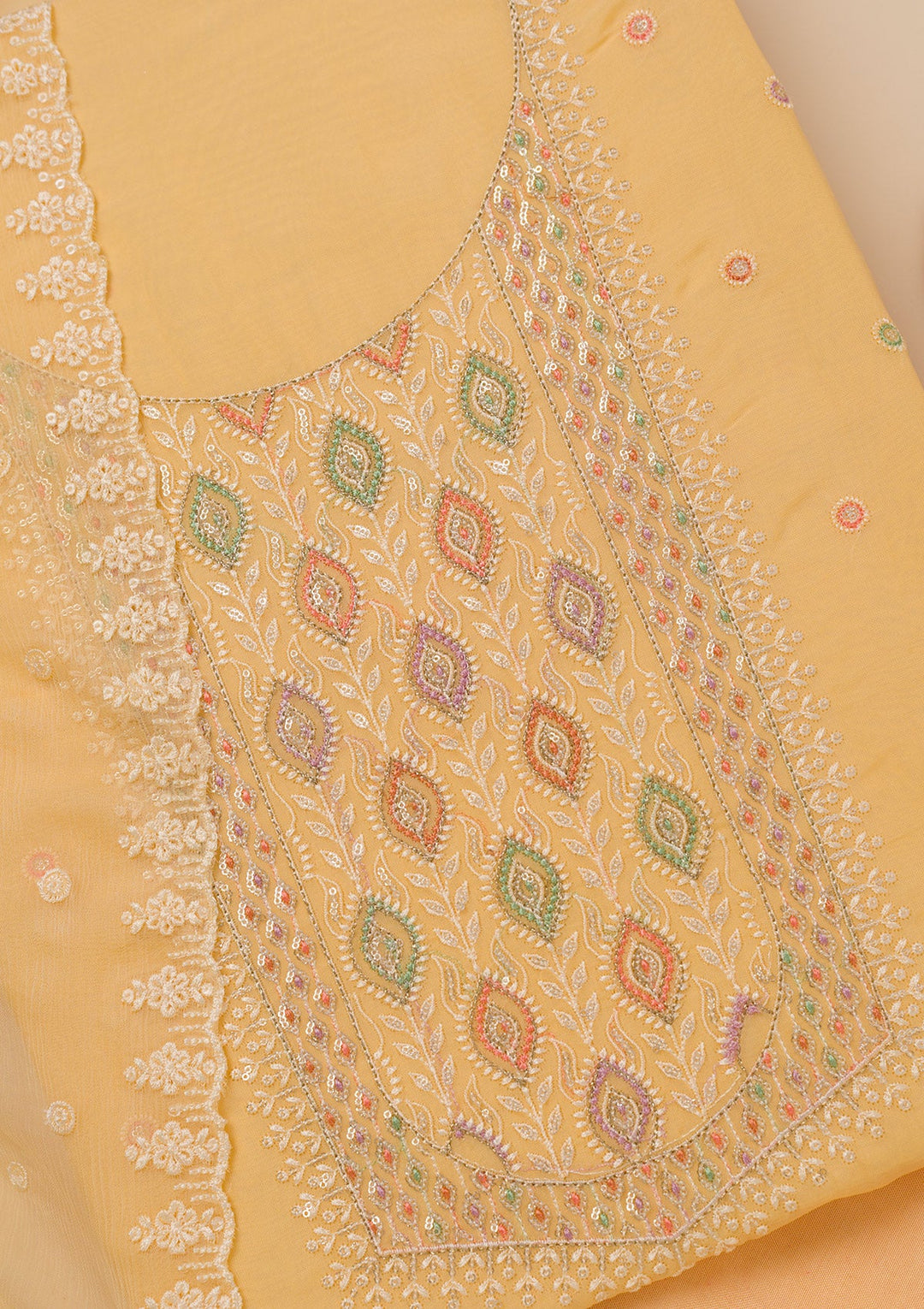 Yellow Threadwork Georgette Unstitched Salwar Suit-Koskii