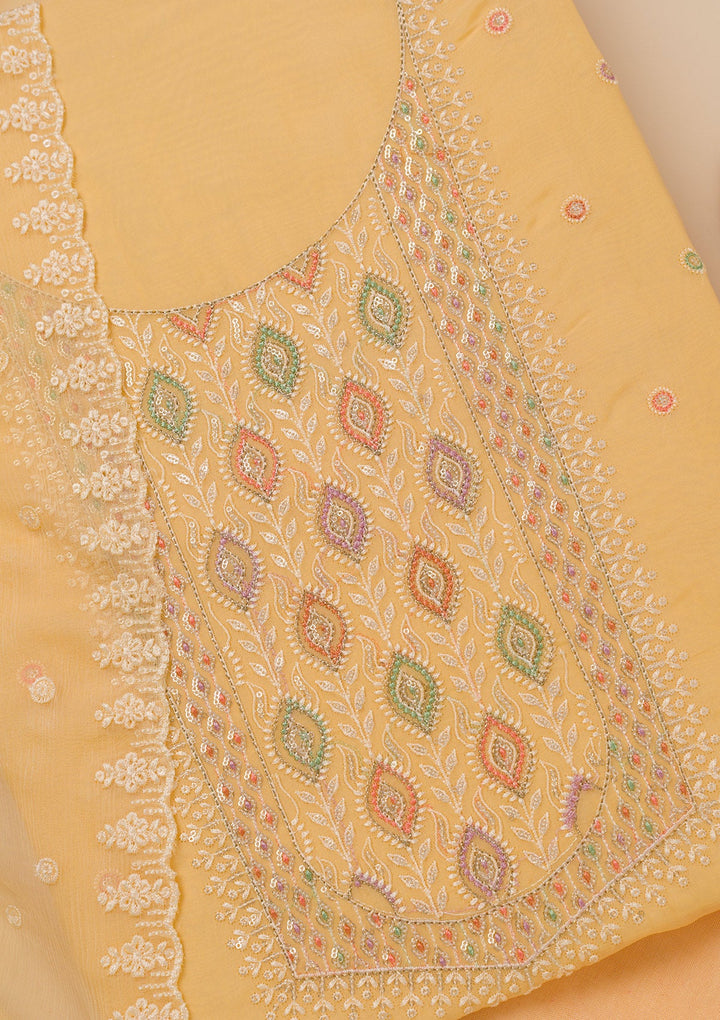 Yellow Threadwork Georgette Unstitched Salwar Suit-Koskii