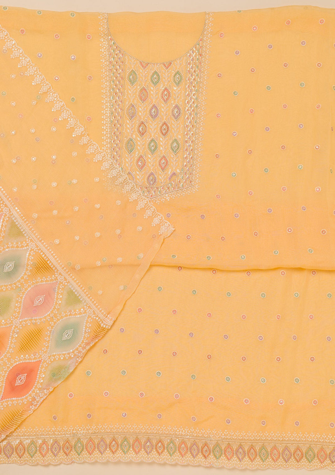 Yellow Threadwork Georgette Unstitched Salwar Suit-Koskii