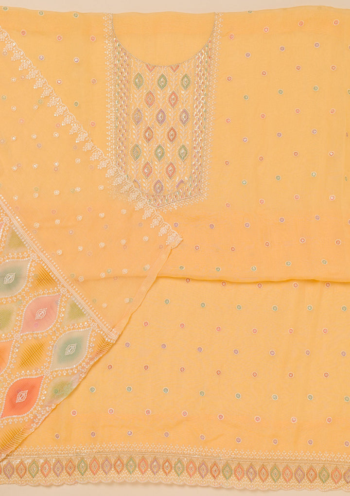 Yellow Threadwork Georgette Unstitched Salwar Suit-Koskii