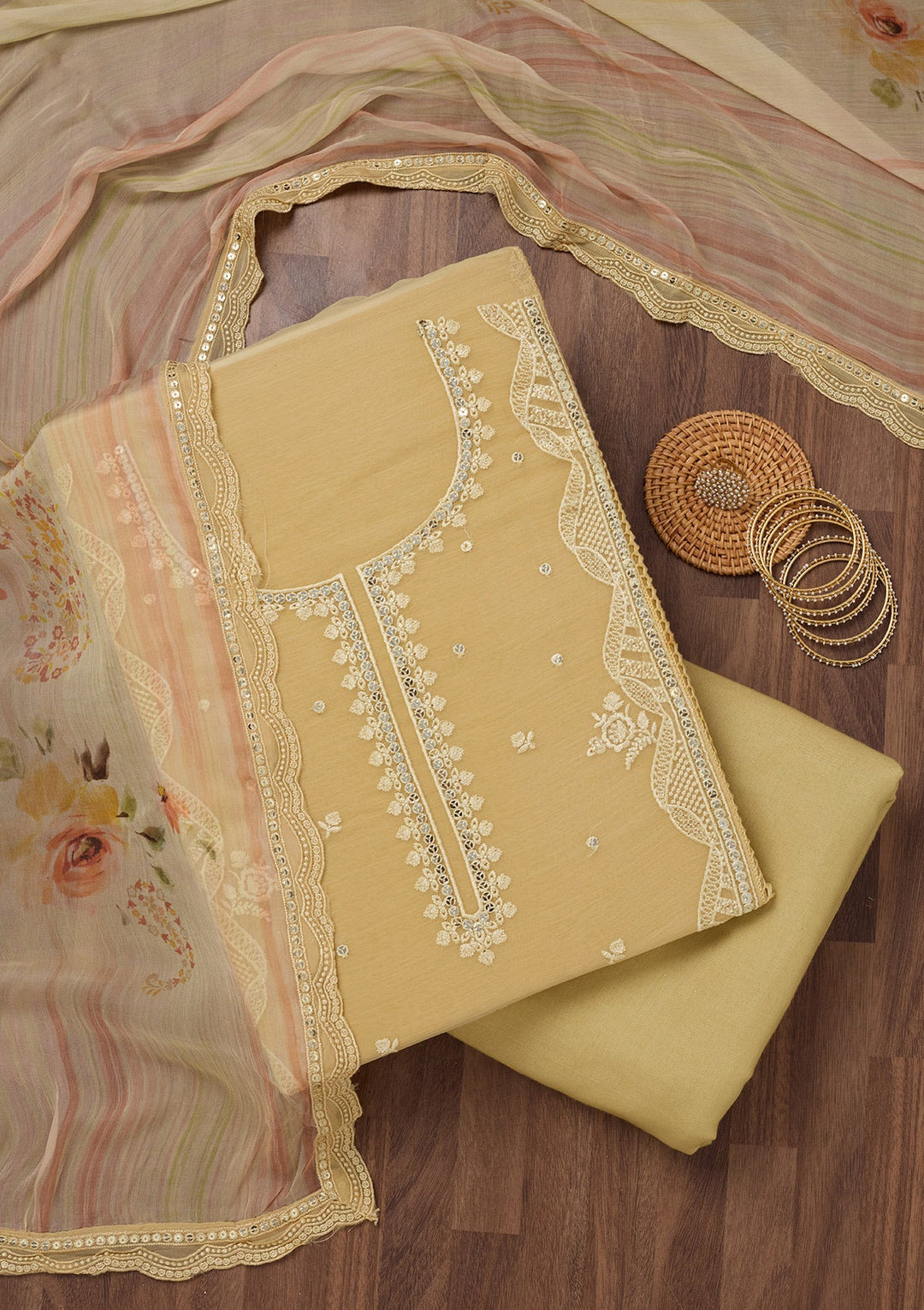 Yellow Threadwork Georgette Unstitched Salwar Suit-Koskii