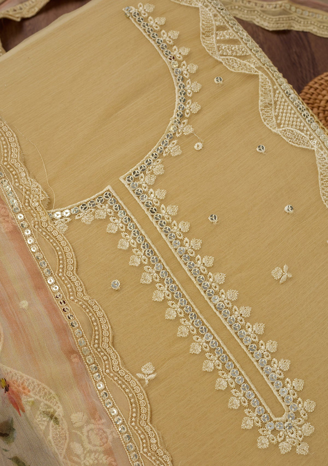 Yellow Threadwork Georgette Unstitched Salwar Suit-Koskii