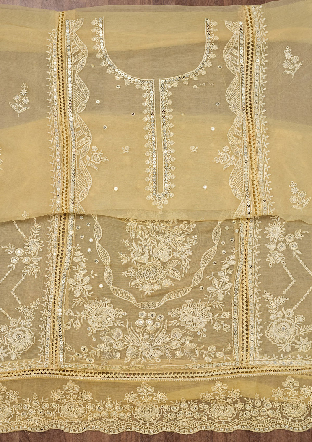 Yellow Threadwork Georgette Unstitched Salwar Suit-Koskii