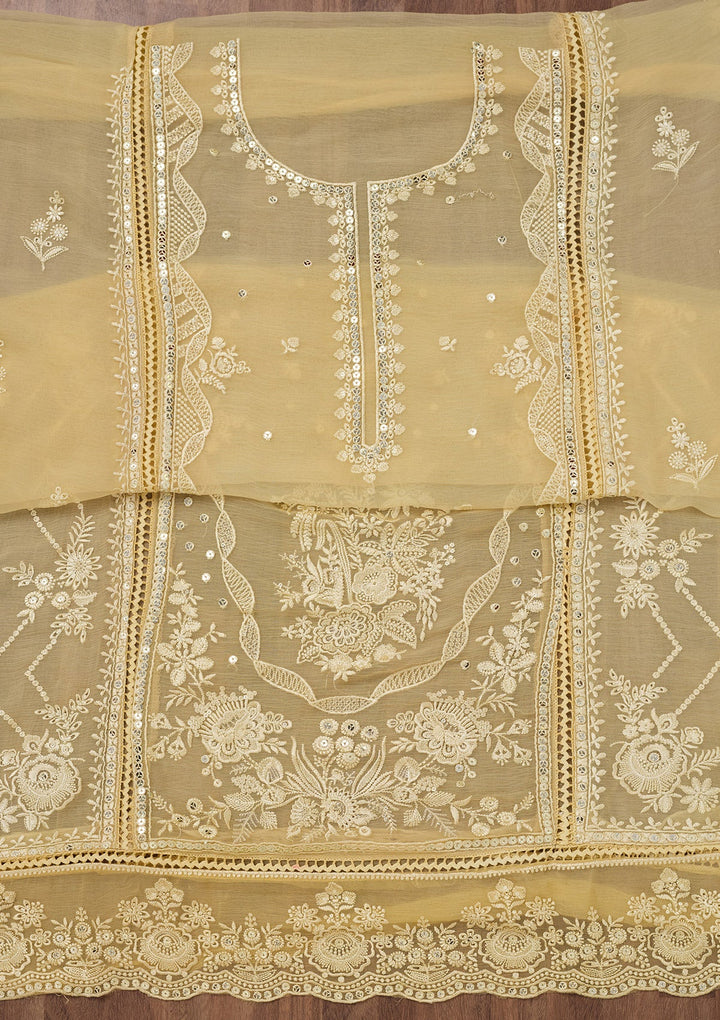 Yellow Threadwork Georgette Unstitched Salwar Suit-Koskii