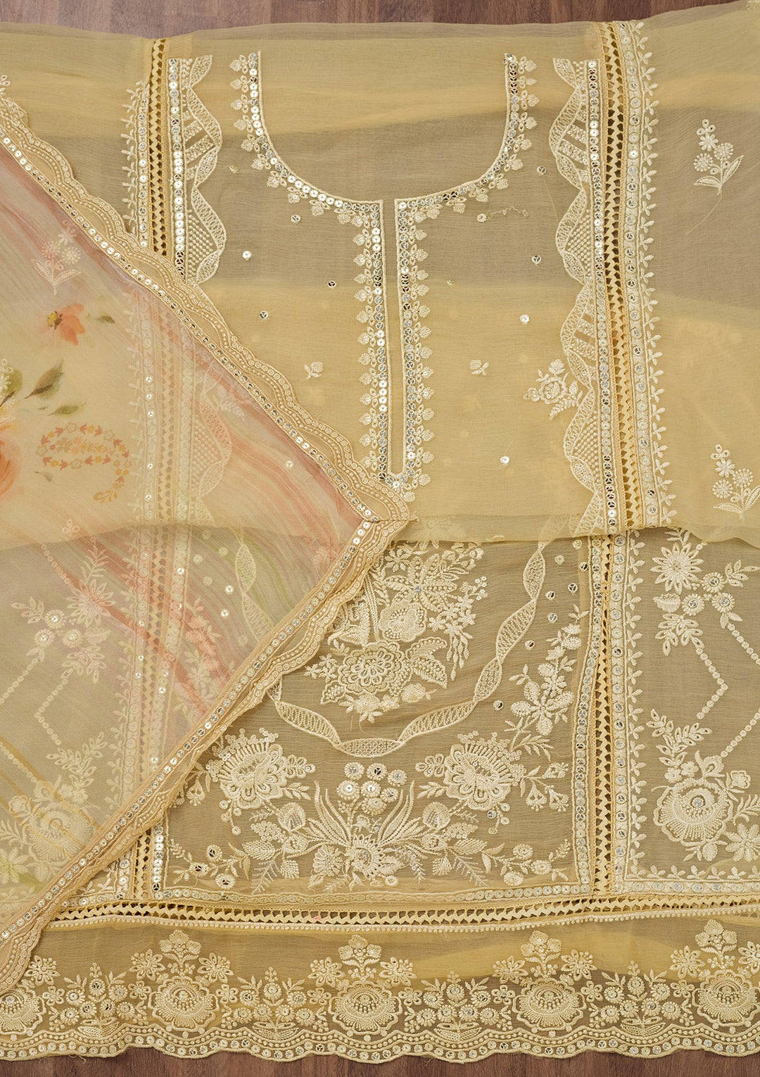 Yellow Threadwork Georgette Unstitched Salwar Suit-Koskii