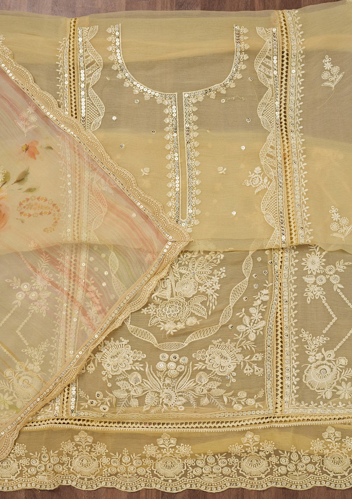 Yellow Threadwork Georgette Unstitched Salwar Suit-Koskii