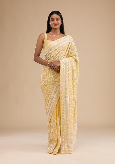 Yellow Threadwork Georgette Saree-Koskii