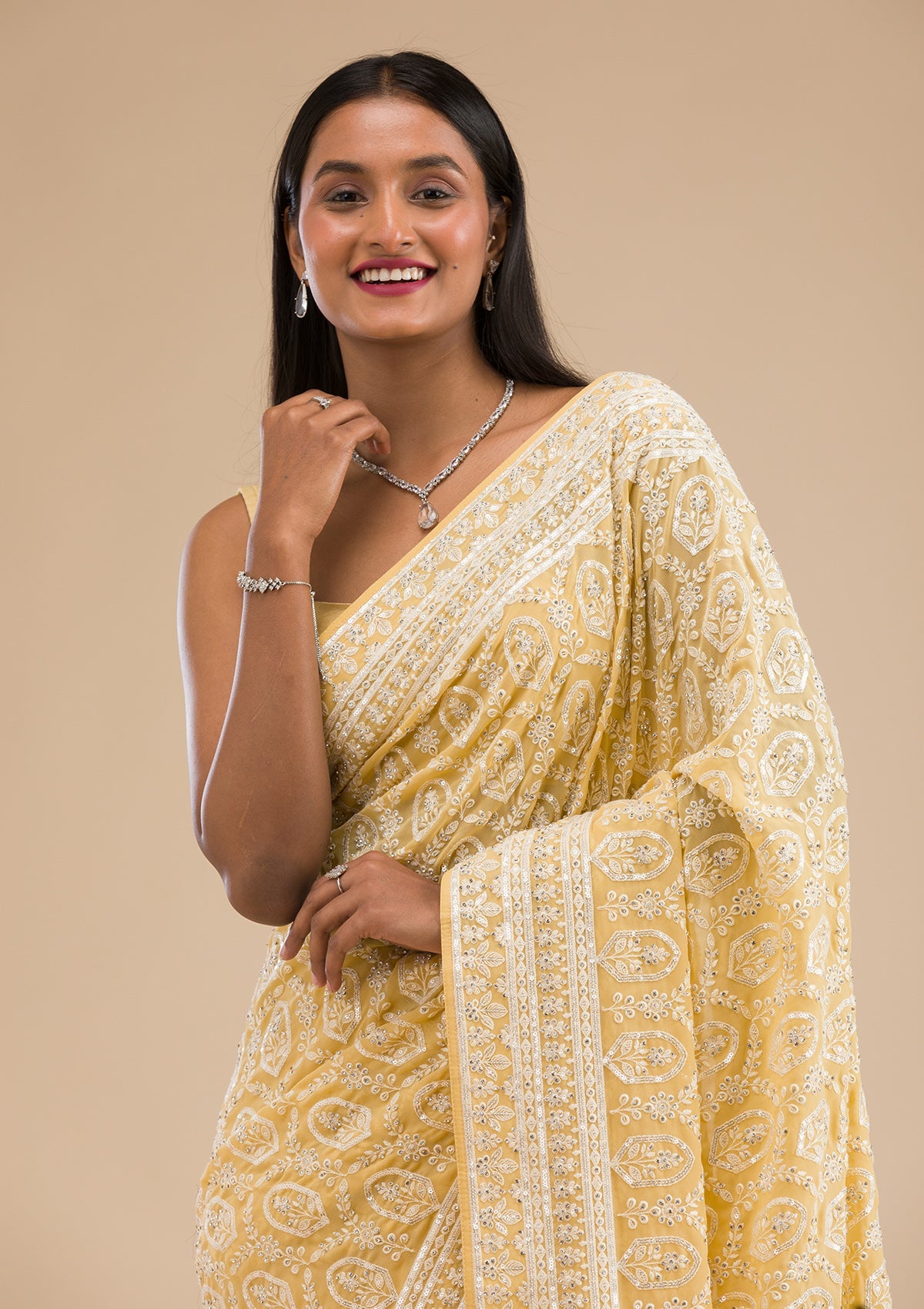 Yellow Threadwork Georgette Saree-Koskii