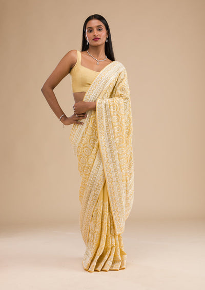 Yellow Threadwork Georgette Saree-Koskii