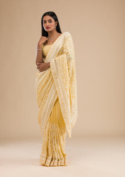 Yellow Threadwork Georgette Saree-Koskii