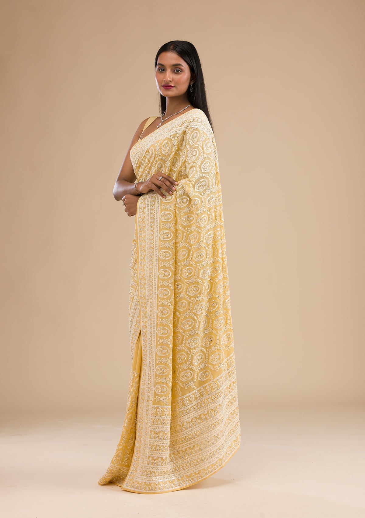 Yellow Threadwork Georgette Saree-Koskii