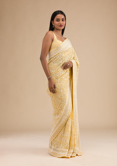 Yellow Threadwork Georgette Saree-Koskii