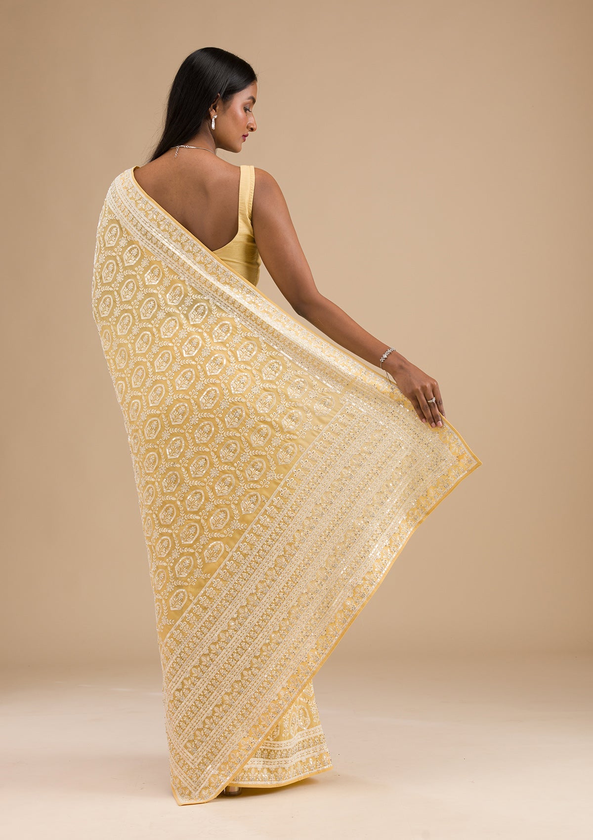 Yellow Threadwork Georgette Saree-Koskii