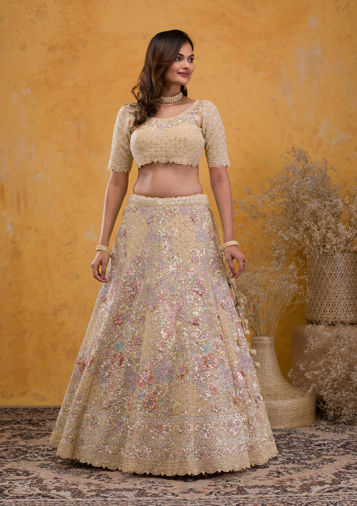 Yellow Threadwork Net Readymade Lehenga-Koskii