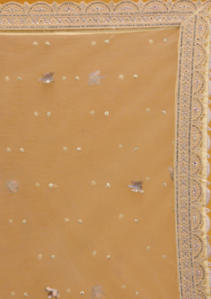 Yellow Threadwork Net Readymade Lehenga-Koskii