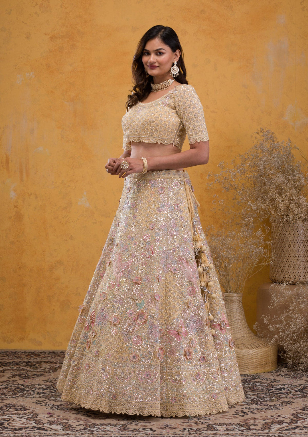 Yellow Threadwork Net Readymade Lehenga-Koskii