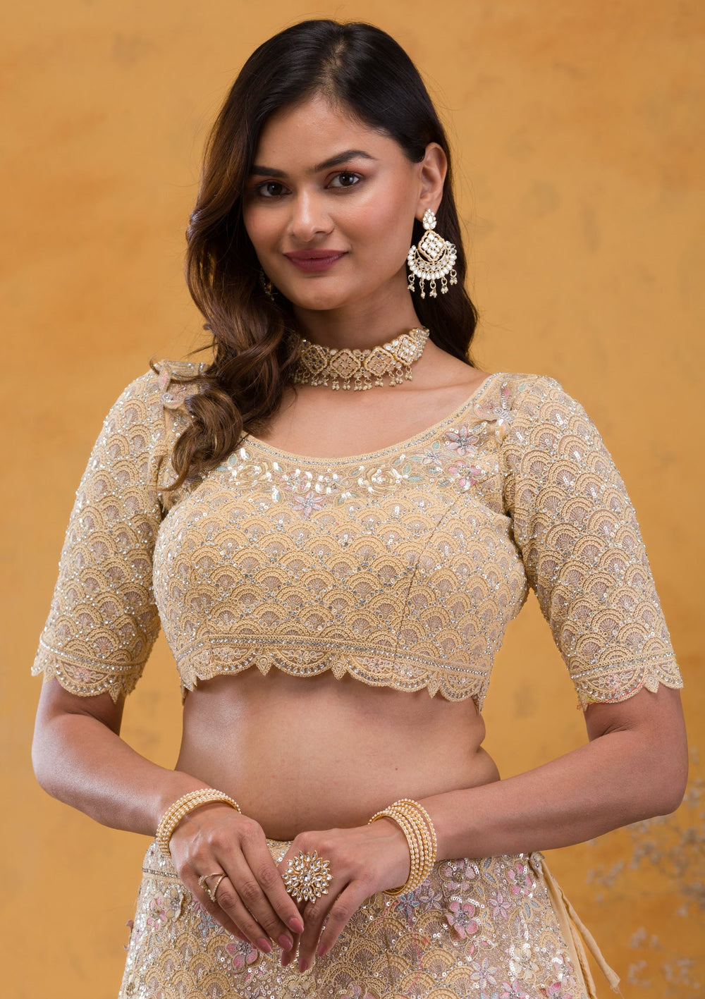 Yellow Threadwork Net Readymade Lehenga-Koskii