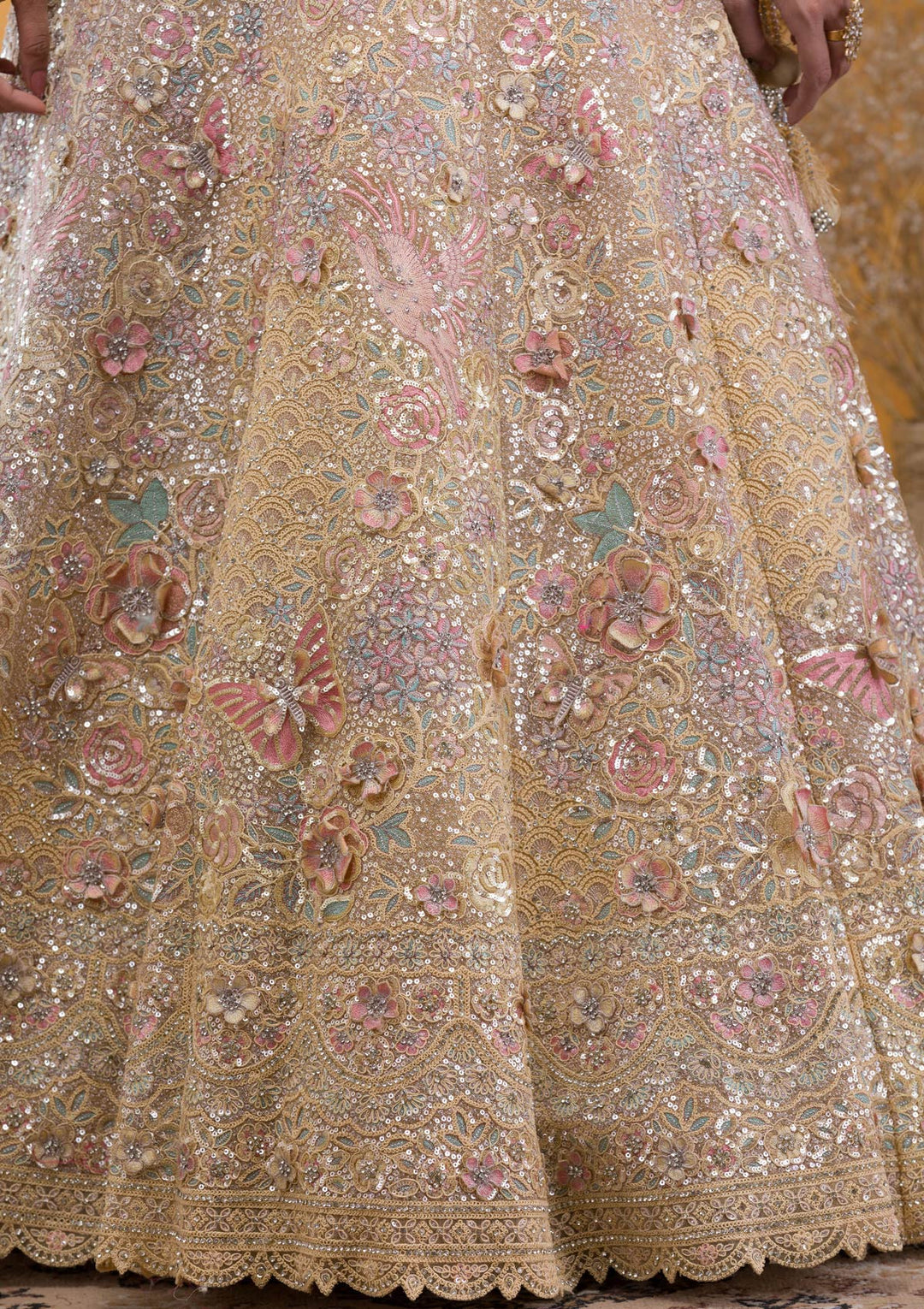Yellow Threadwork Net Readymade Lehenga-Koskii